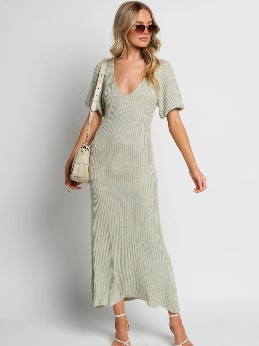 Women Apero Dresses | Amalfi Knit Midi Dress-Sage Green Marle