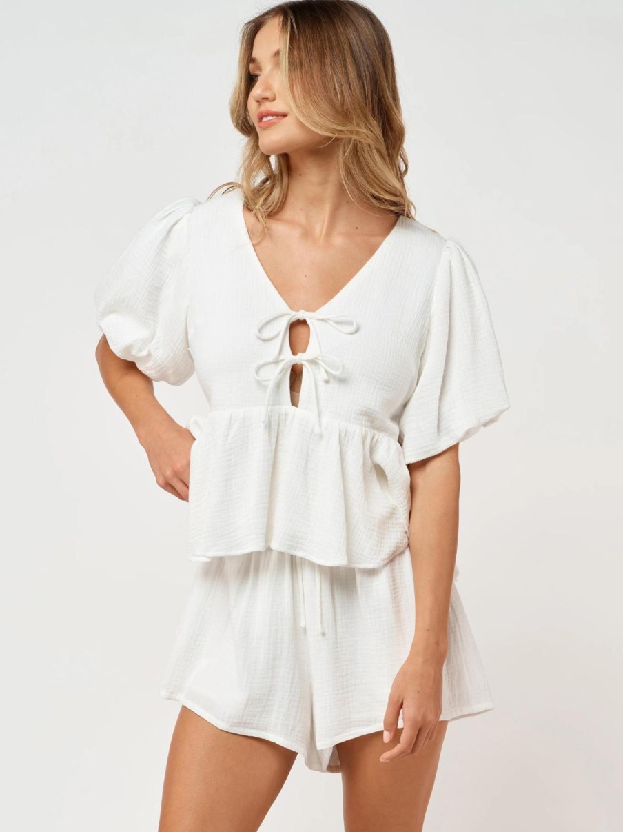 Women Apero Tops | Petra Babydoll Tie Front Top|White