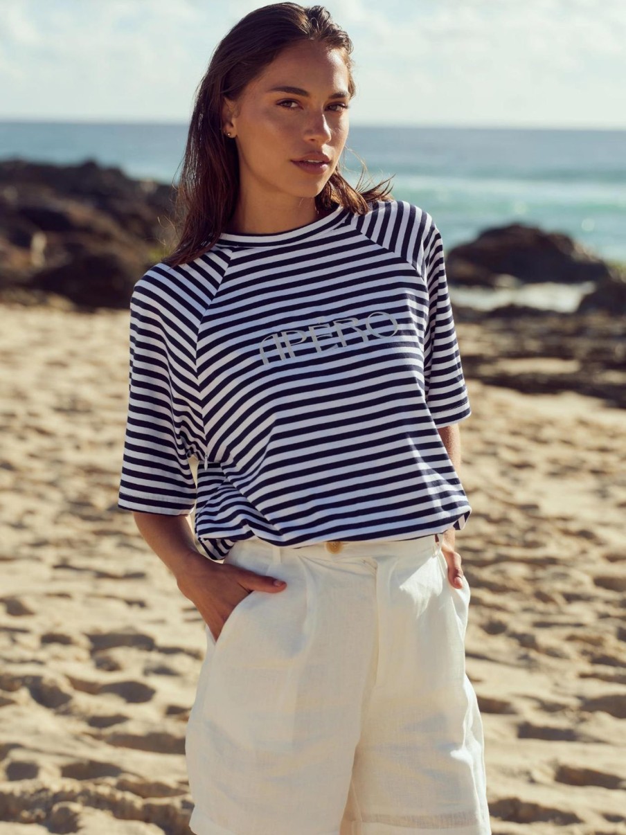 Women Apero Tops | Savannah Oversized Stripe Tee|Navy/White