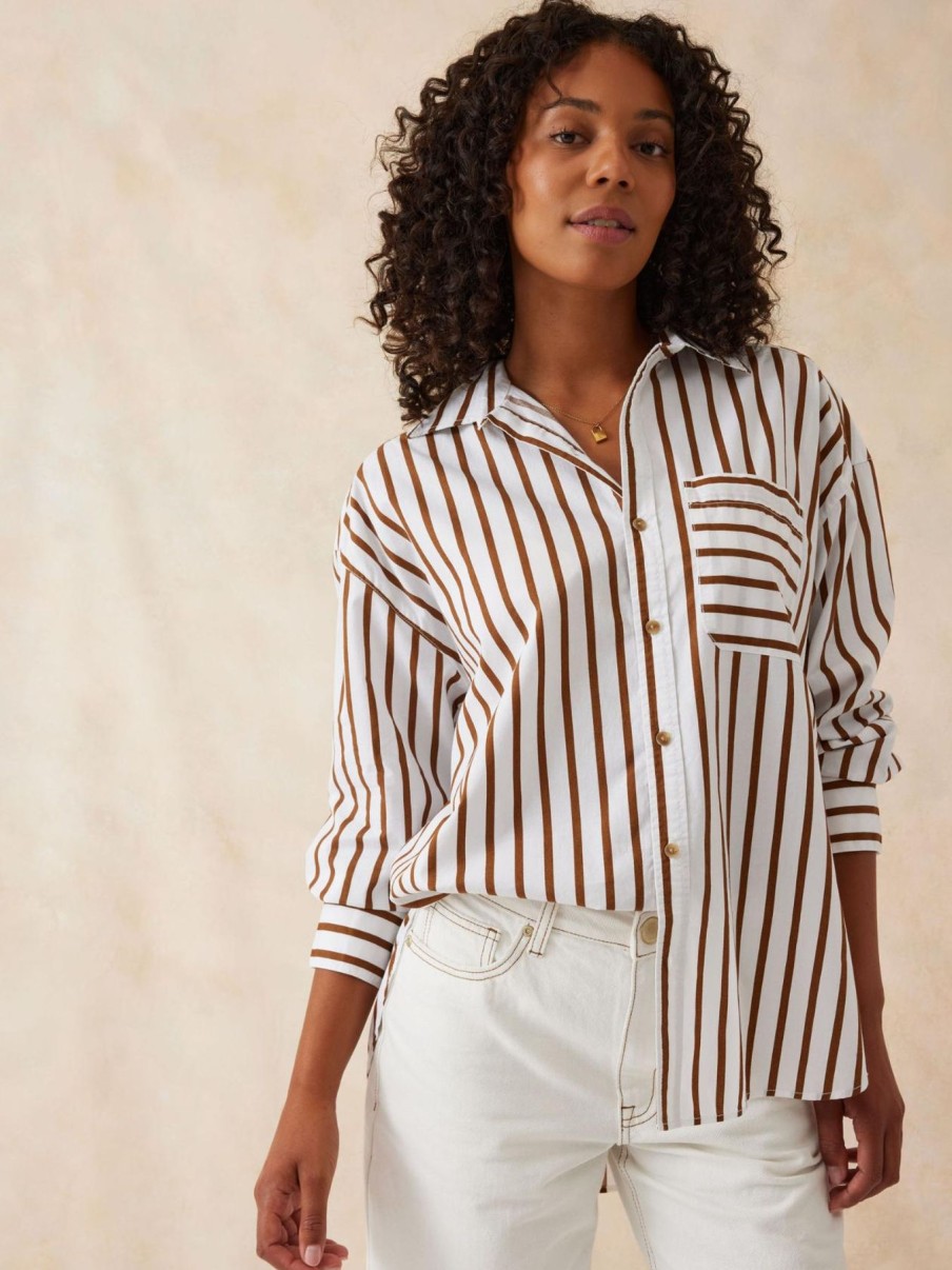 Women Ceres Life Tops | Oversized Poplin Shirt|White Biscuit Stripe