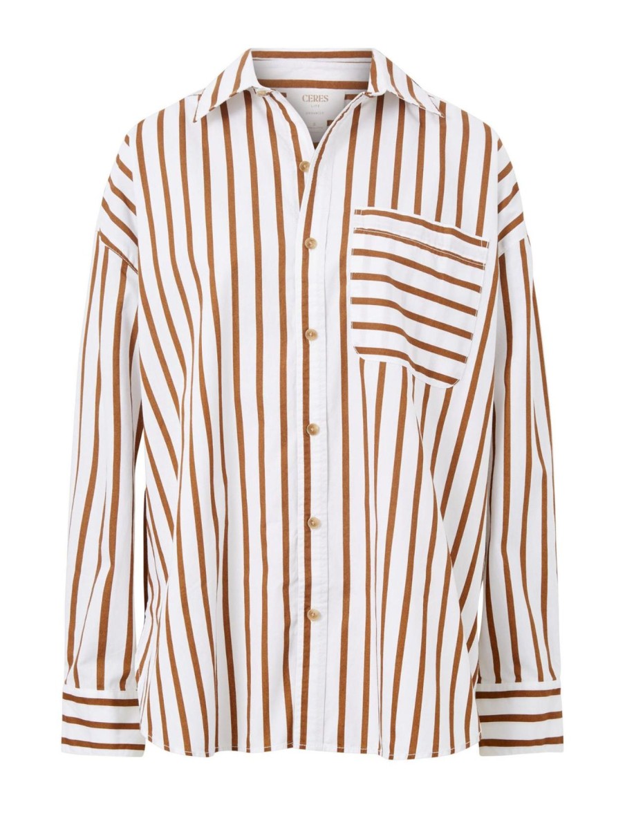 Women Ceres Life Tops | Oversized Poplin Shirt|White Biscuit Stripe